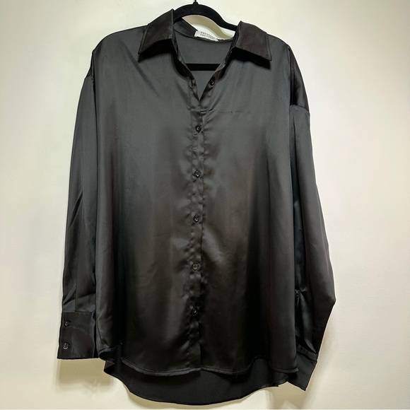 Brunette The Label | Black Silky Satin Long Sleeve Button-Up Shirt - Picture 1 of 10